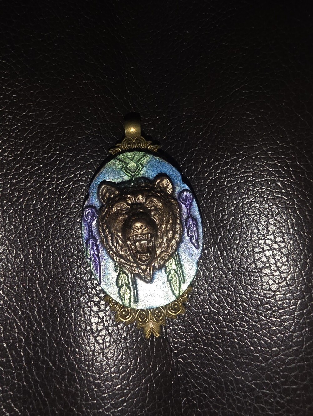 Tribal Resin Brown Bear Necklace Pendant Indide A Bronze Tone Frame
